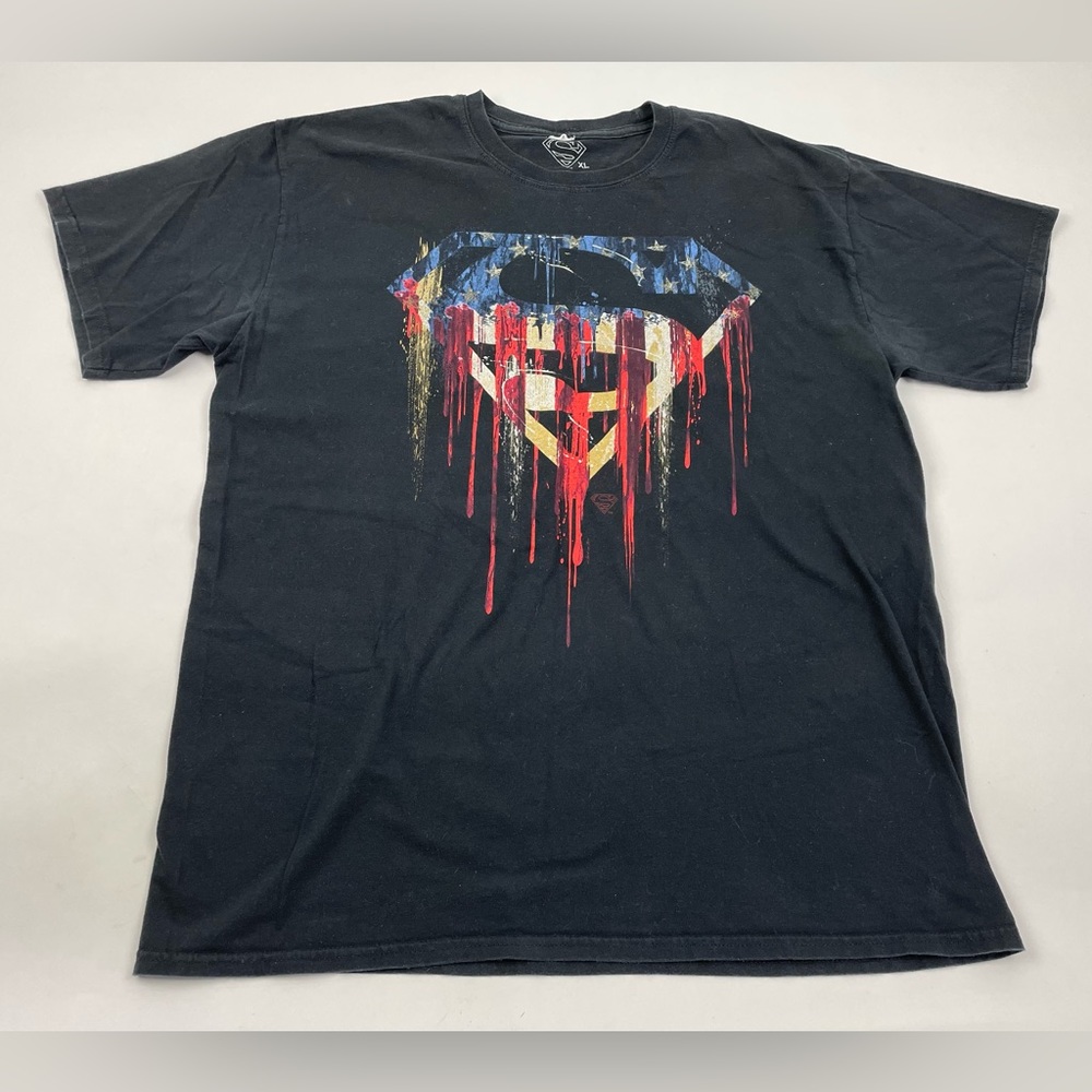 DC Comics Dripping Superman Logo Graphic T-Shirt Men’s XL Black Red Blue logo - Picture 2 of 10